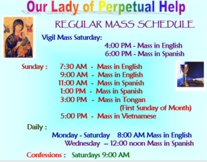 Vigil Mass Saturday: 4pm Mass in English. 6pm Mass in Spanish. Sunday 7:30am Mass in English. 9am Mass in English. 11am Mass in English. 1pm Mass in Spanish. 3pm Mass in Tongan (First Sunday of month). 5pm Mass in Vietnamese. Monday to Saturday 8am Mass in English. Wednesday 12pm noon Mass in Spanish. Confessions: Saturdays at 9am